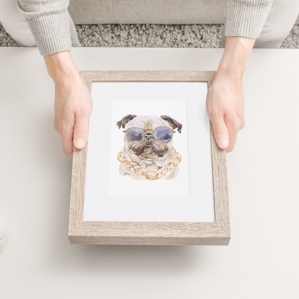 Watercolor Pug Pet Dog With Sunglasses Wall Art Illustration Print Poster Card U - Picture 6 of 7